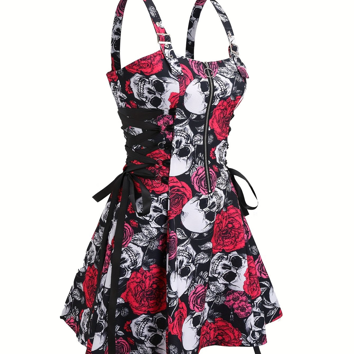 [Rose Skull Print Dress] Women's Off-Shoulder Rose & Skull Print Dress | Casual Short Sleeve Zipper Adjustable Black Straps | Machine Washable All-Season Party & Casual Attire, Nontransparent Fabric