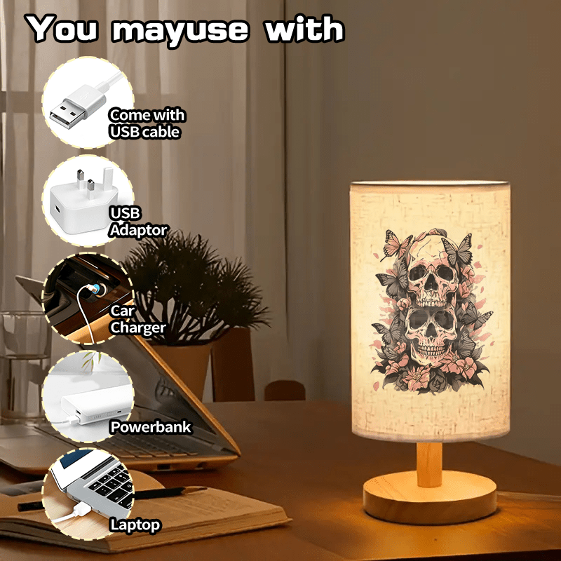 [Skull Table Lamp] Nordic Wooden Base Skull & Floral Print Table Lamp | LED Light, USB Powered, Push Button Control, Ideal for Bedroom, Office, or Home Decor, Gift Item