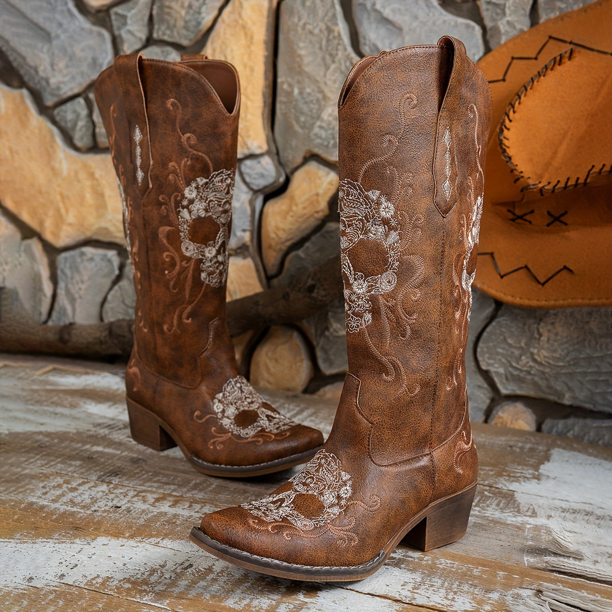 Women's Retro Embroidered Skull Western Cowboy Boots - Slip-On Chunky Mid-Heel Square Toe, Faux Cover & TPR Outsole, All-Season Comfort for Halloween, Casual & Themed Events, Cowboy Accessories, Themed Event Footwear, Durable
