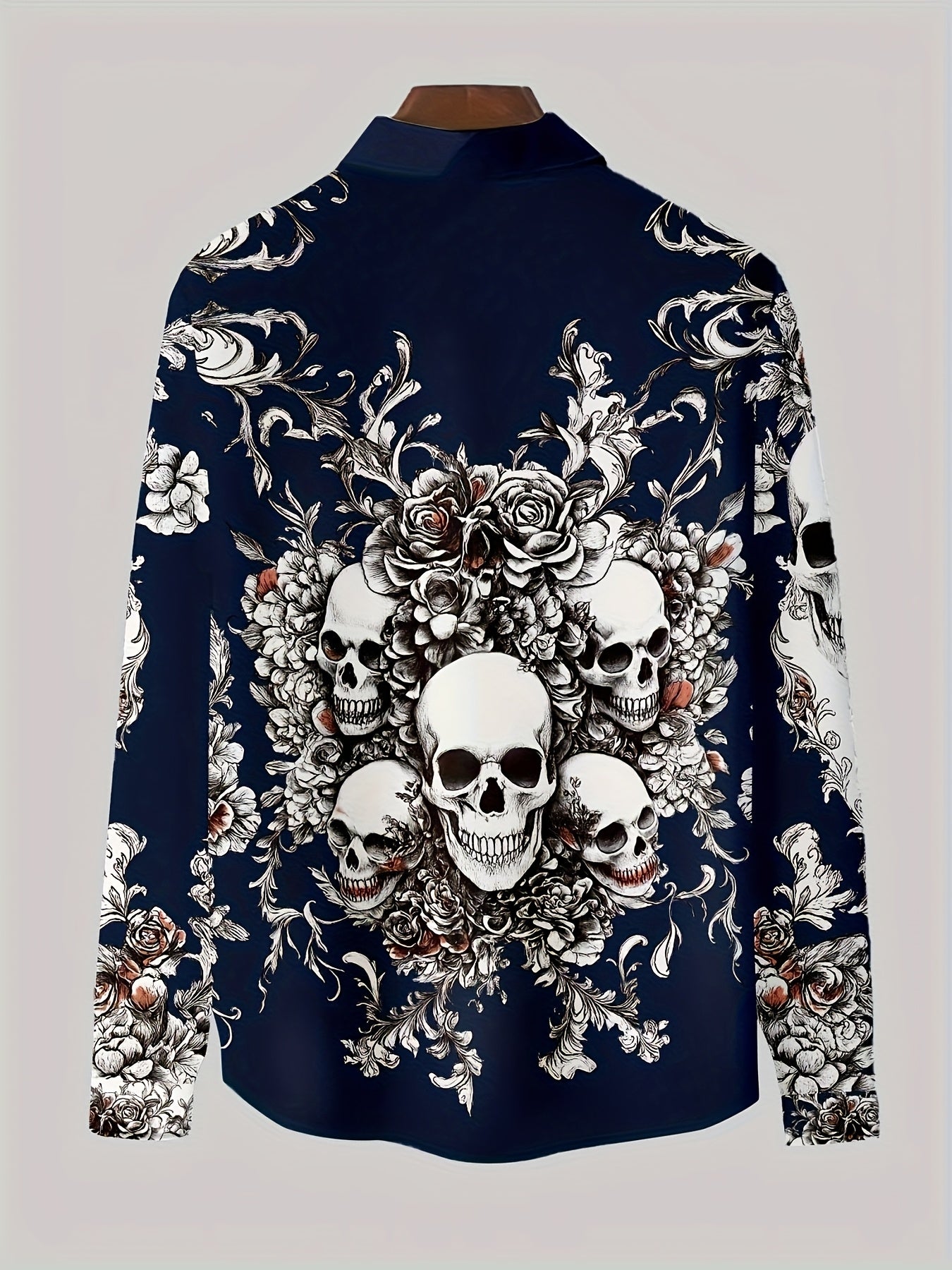 Men's Gothic Skull & Bat Wing Print Long Sleeve Shirt - Dark Blue & Black Gothic Style with White Collar & Button Front Closure, Machine Washable Durable Fabric for Halloween, Themed Parties & Casual Attire - Adult Men's Form