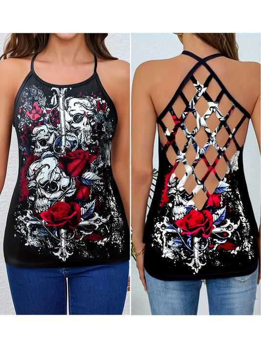 [Halloween] Women's Gothic Crossed Skull & Roses Backless T-Shirt - Edgy Halloween Party Top with Crisscross Strap, Non-See-Through Fabric for Costume Events, Everyday Gothic Outfits - Year-Round Dark Aesthetic Tee, Goth T Sh