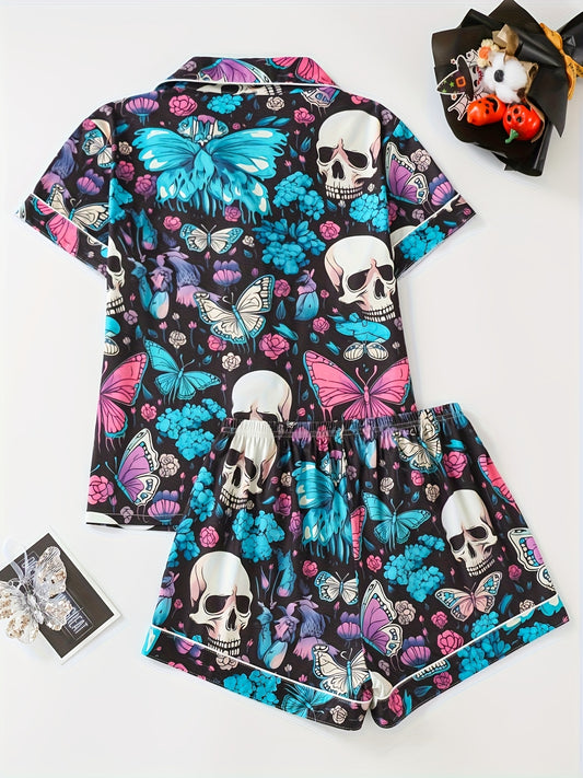 A Set of Women'S Pajamas Featuring a Halloween-Themed Print with Butterflies And Skulls, Including a Collared Short-Sleeve Top And Comfortable Elastic Shorts, an Elegant Pajama Set.