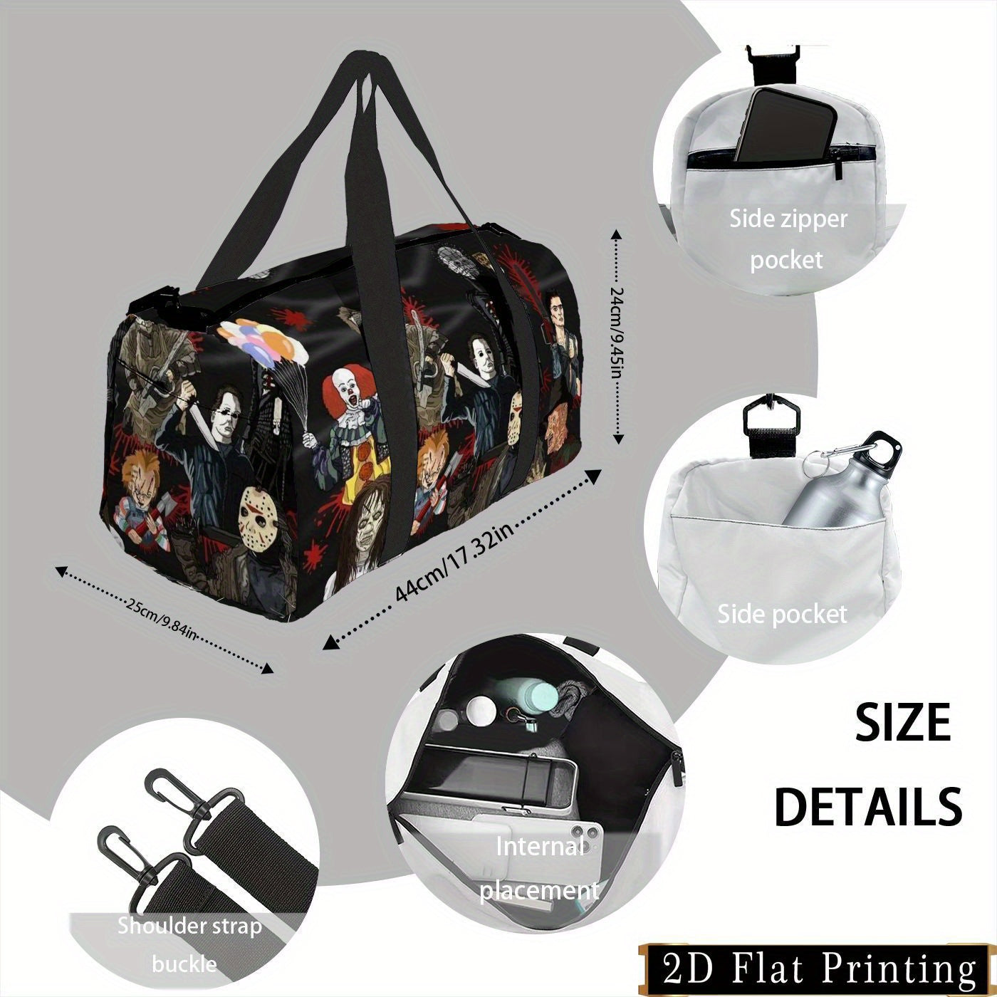 Large Capacity Travel Organizer Bag - Durable, Easy-to-Carry Luggage with 2D Flat Print Design for Sports & Airline Check-in, Multi-Functional Hand Washable or Dry Cleanable Storage Pouch Featuring Horror Movie Characters, 2D