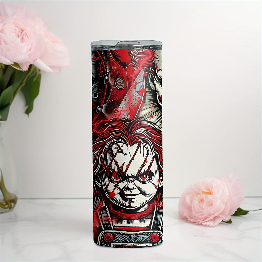 20oz Stainless Steel Tumbler with Horror Movie Characters, Insulated Travel Mug for Coffee, Beer, Drinks - Leakproof, Rust Resistant with Straw, Ideal for Halloween Party Gift - No Assembly Needed