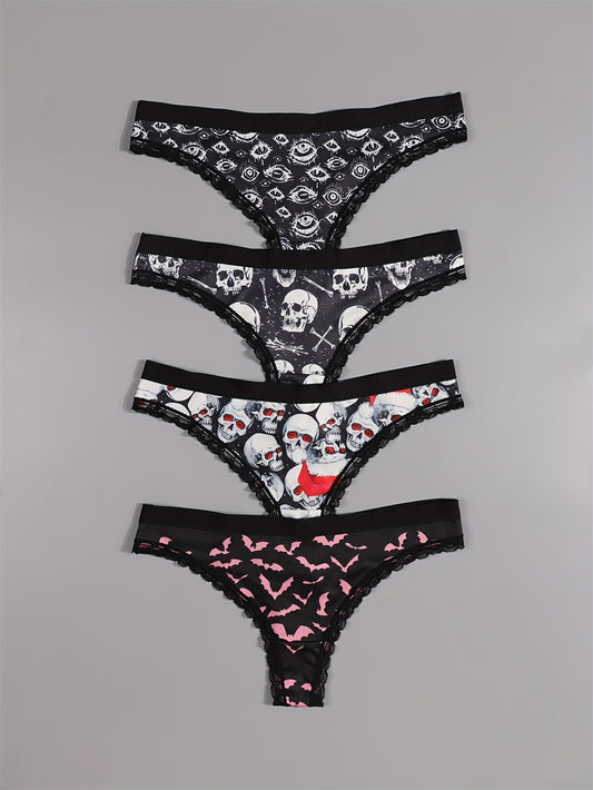 4pcs Gothic Lace Thong Panties - Black Skull & Eyeball Design with Mushrooms & Bats, Comfortable Silky Intimates for Women, Halloween-Themed Lingerie, MORVIA Brand, Halloween Lingerie | Skull Print Design | Silky Texture, Hal