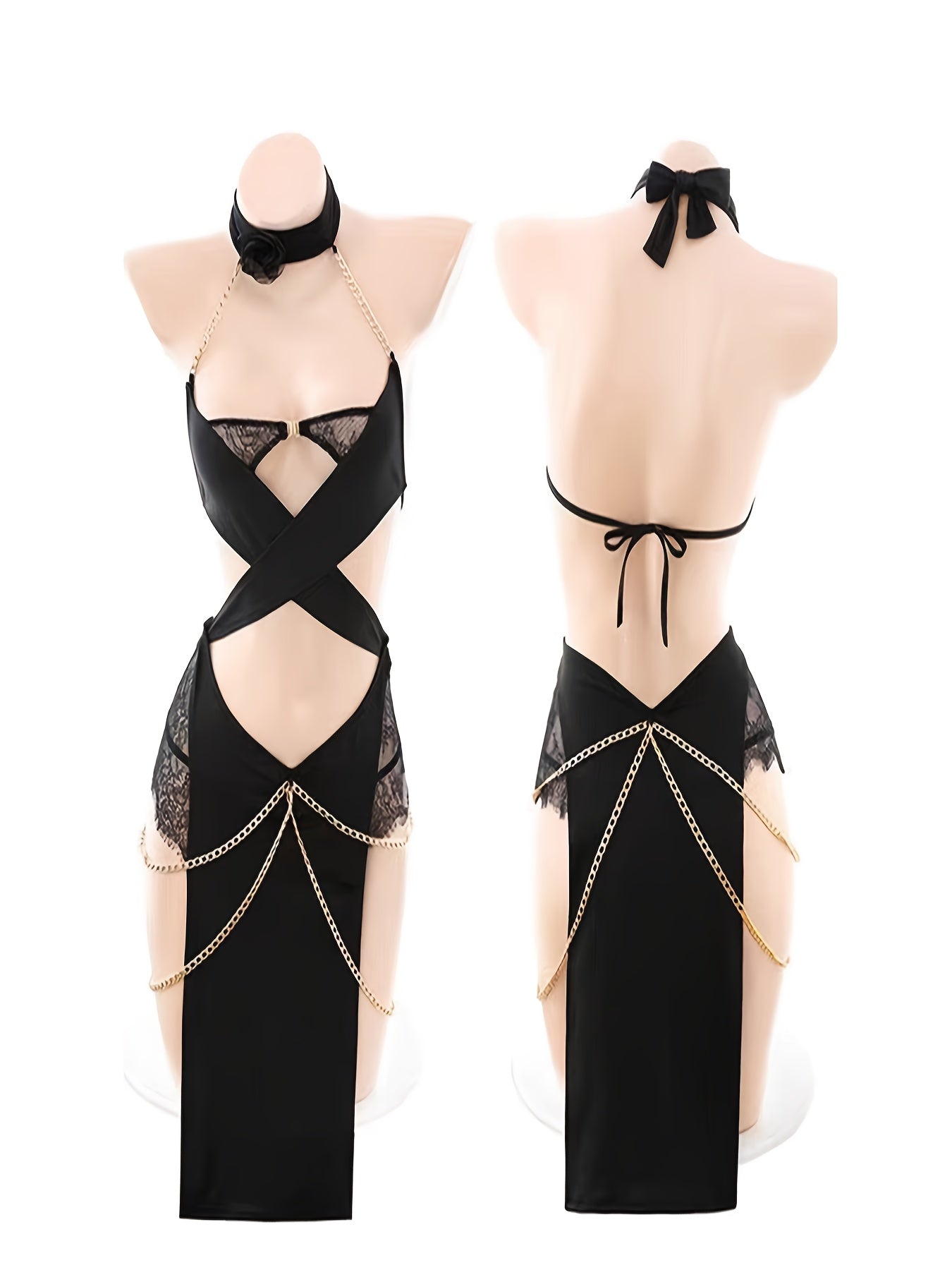 Egyptian Catwoman Costume Dress - Sexy Gothic Outfit with Golden Chain Accents, Black Role-Playing Suit for Halloween, Cosplay, Themed Parties - Adult Costume Party Attire, Halloween Costume, Themed Event Attire, Elegant Desi