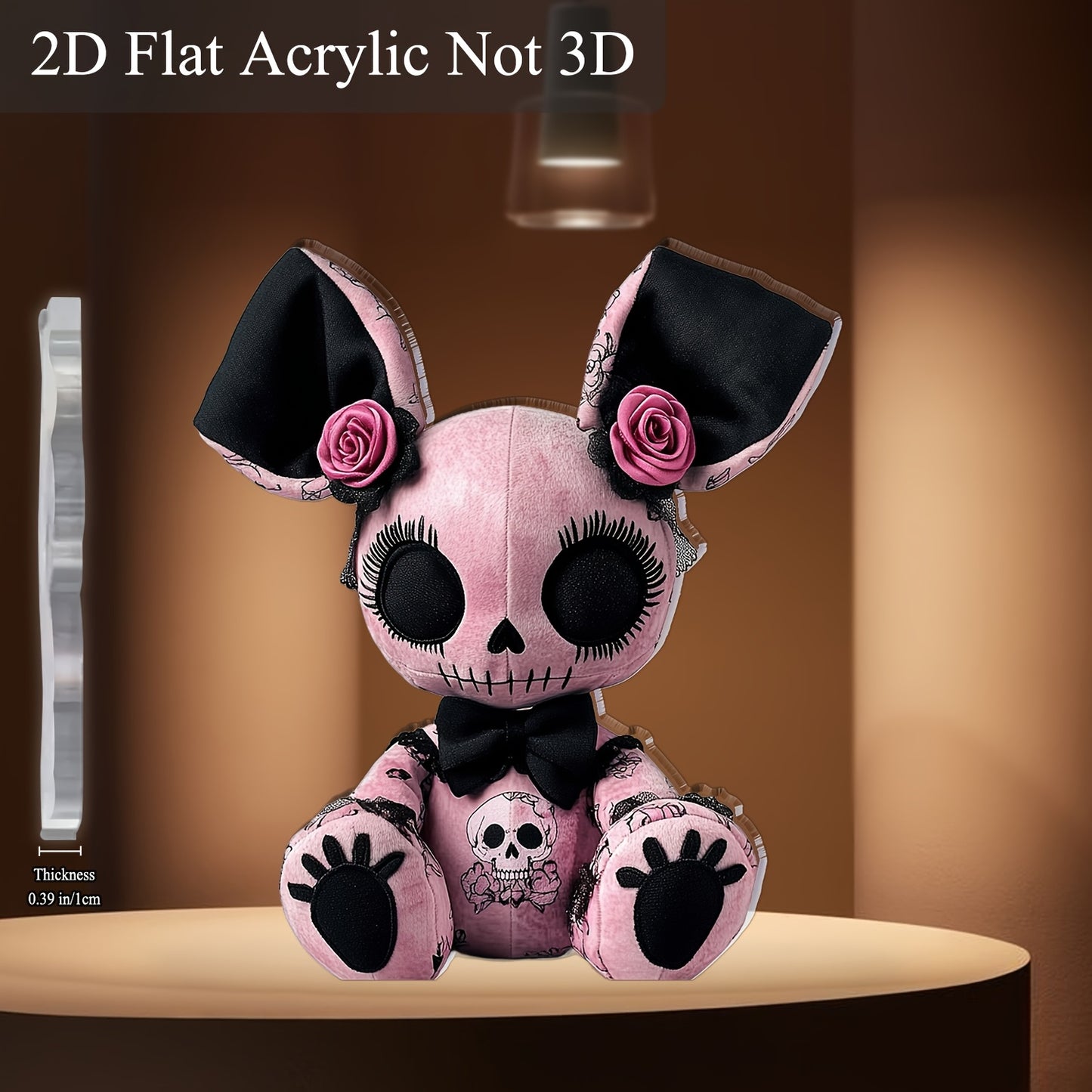 2D Flat, 2D Flat Gothic Style Mouse Plush Toy Acrylic Desk Decor - 2D Printed Skull and Rose Design, Black & Pink Gothic Decoration Sign Suitable for Halloween Christmas Bar Cafe, 5.91"x5.11" Gift for Friends, Mouse Ornament,
