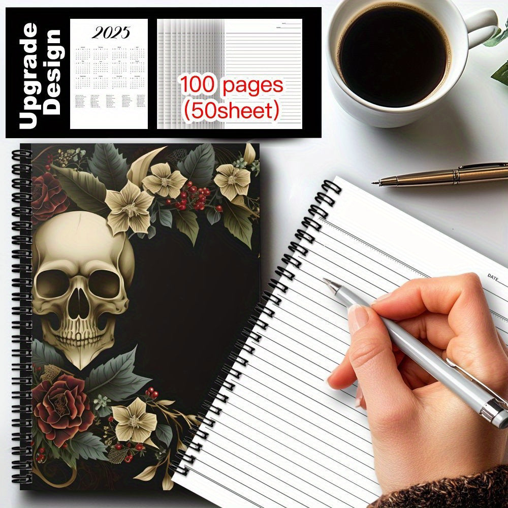 [Gothic Spiral Notebook] Gothic Spiral Notebook Journal - 1pc Witchy Office Supplies, 100 Pages, Black with Floral Skull Design, Perfect for Travel, Daily Writing, and Gothic Mystical Notes, Ideal Gift for Teen Girls, Skeleto