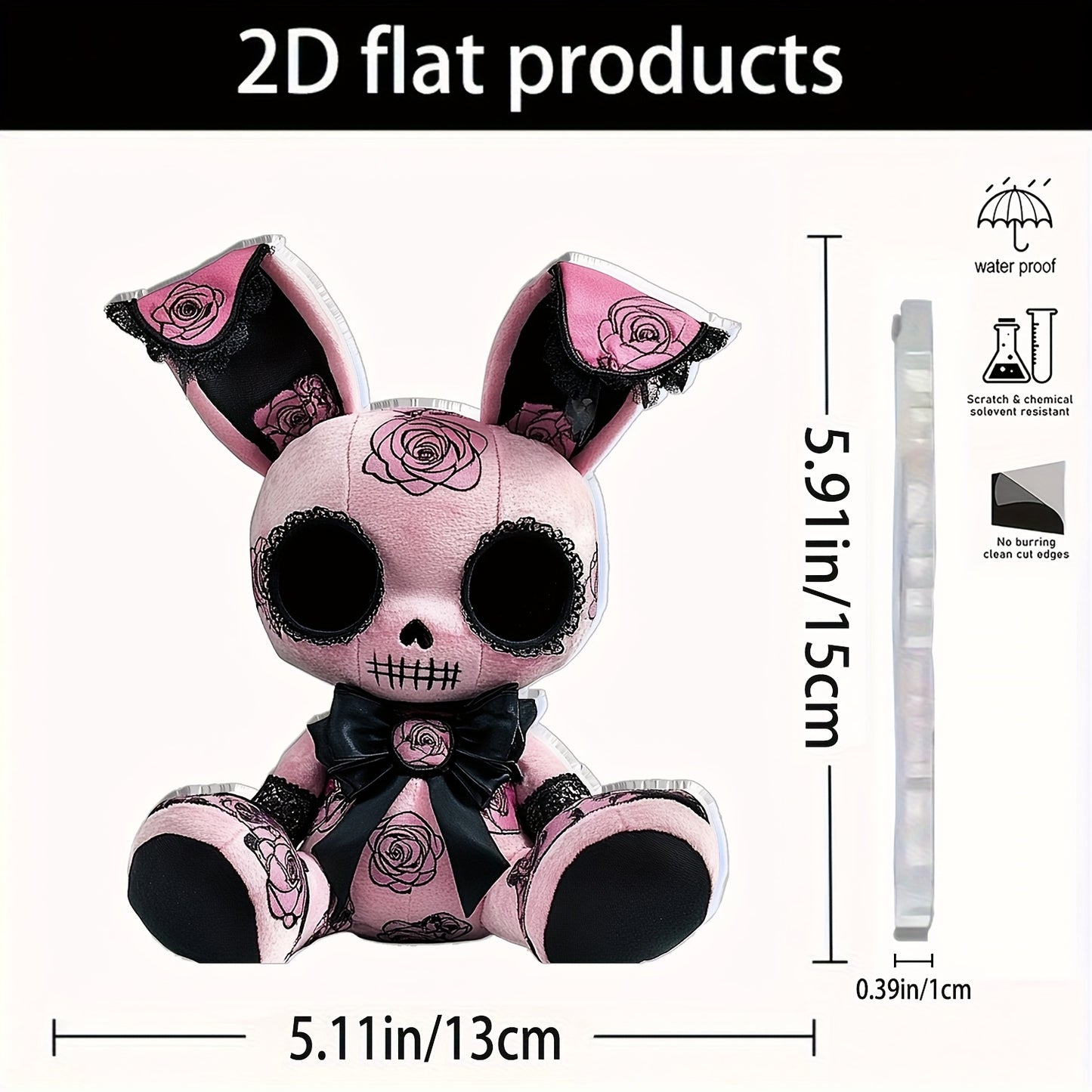 2D Flat, 1pc Gothic Style Bunny Plush Toy Acrylic Desktop Decor - Black & Pink with Rose Accents, 5.91" x 5.11", No Batteries Needed, Perfect for Office, Bar, Cafe, Valentine'S Day, Easter, or Gift for Friends, Cute Decor, Ba