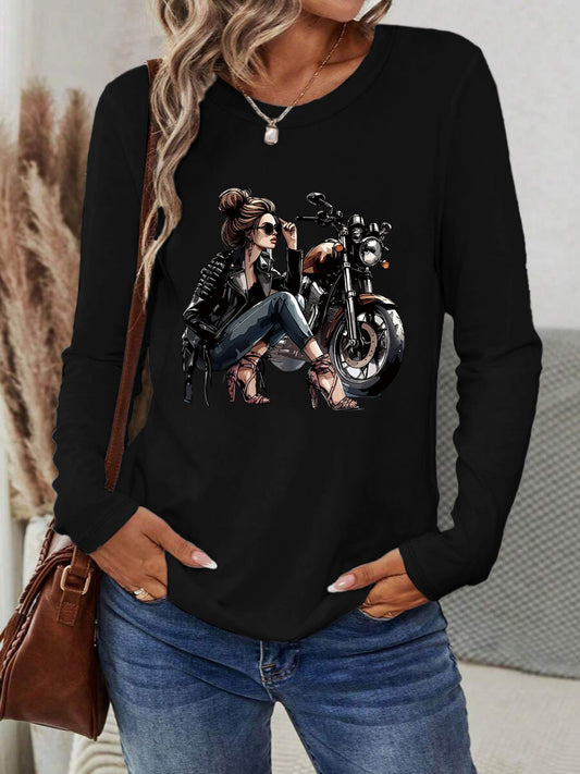 [Vibrant Yellow T-Shirt] Vibrant Yellow Women's Motorcycle Graphic Long Sleeve T-Shirt | Casual Round Neck Spring Summer Top with Geometric Print, Machine Washable, Relaxed Fit, Durable