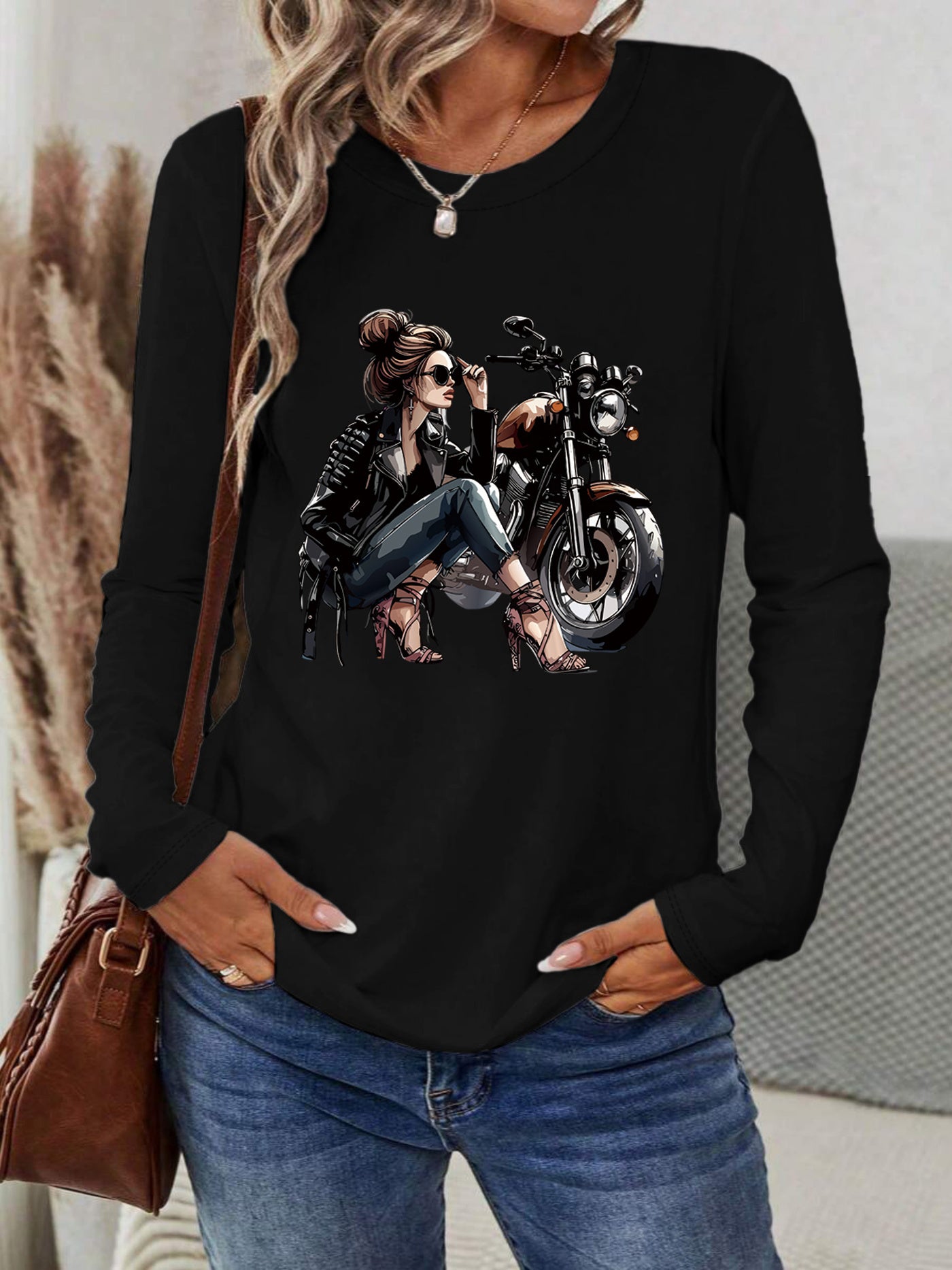 [Vibrant Yellow T-Shirt] Vibrant Yellow Women's Motorcycle Graphic Long Sleeve T-Shirt | Casual Round Neck Spring Summer Top with Geometric Print, Machine Washable, Relaxed Fit, Durable