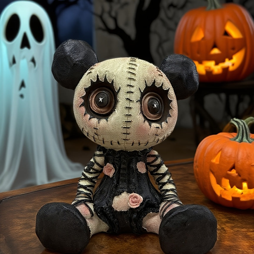 Charming Halloween Resin Doll • Black & White Striped Dress • Pumpkin Ears & Floral Accents • Spooky Tabletop Decor • Christmas & Fall Home Decor