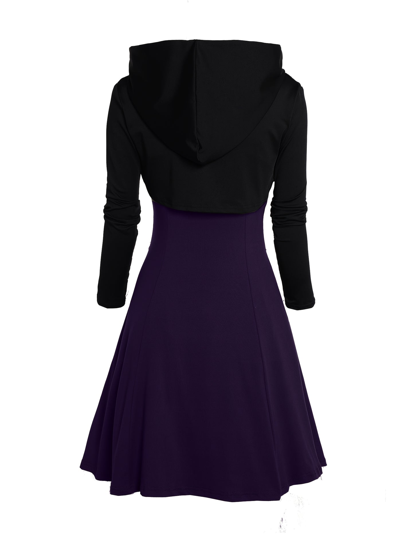 Unique Gothic Style Two-Piece Set: Rock Gothic Metal Piece Decorated V-Neck Vest Dress with Hooded Long Sleeve Top, Detachable Chain Vest Skirt and Curved Hem Caped Long Sleeve Shirt, Versatile Separates Women's Outfit for Pa