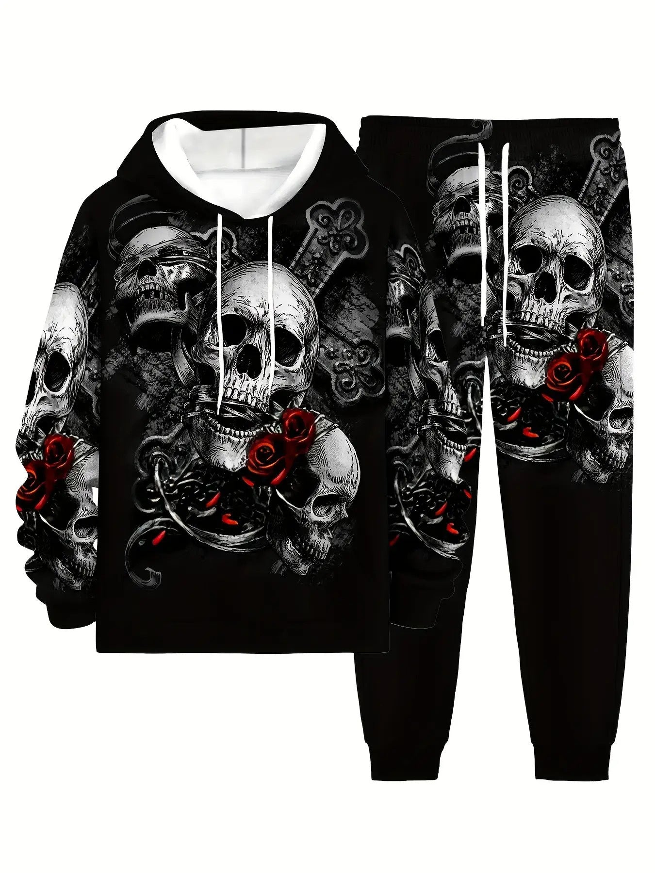 Men'S Gothic 3D Skull & Rose Print Hooded Sweatsuit - Full-Zip & Matching Joggers Set, Stretch Polyester Tracksuit with Pockets, Regular Fit Casual Outdoor Hiking & Casual Attire, Spring/Fall Themed Outfit (Skull & Rose Desig