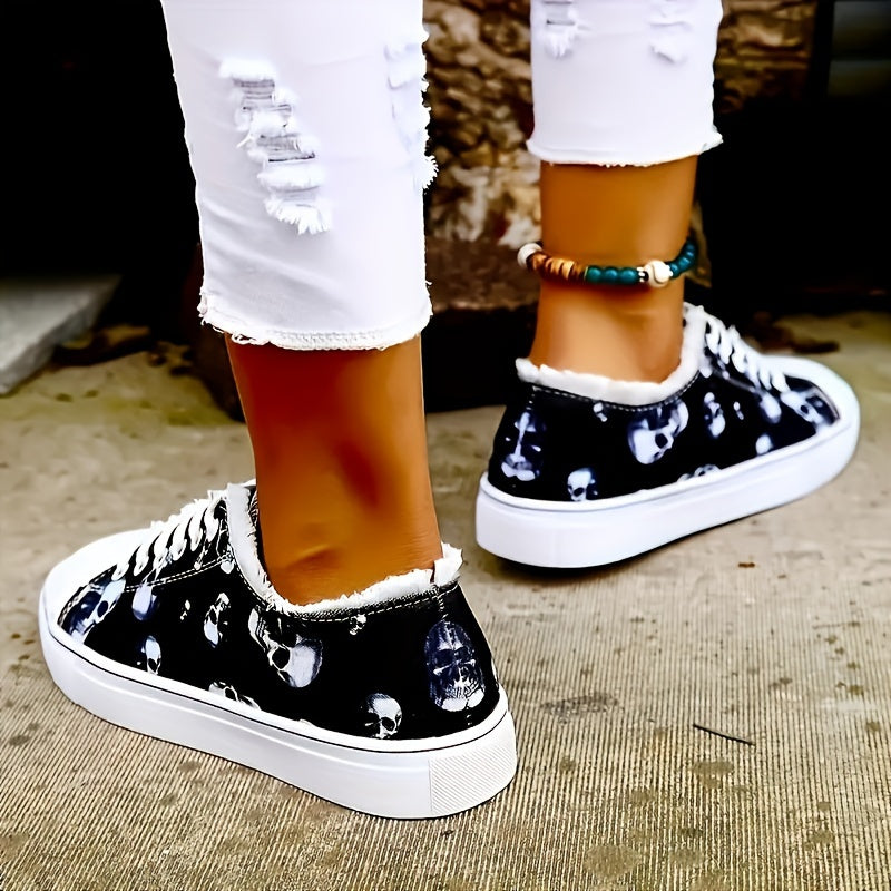 Women'S Halloween Skull Print Shoes, Casual Lace Up Outdoor Shoes, Lightweight Low Top Sneakers Plus Size