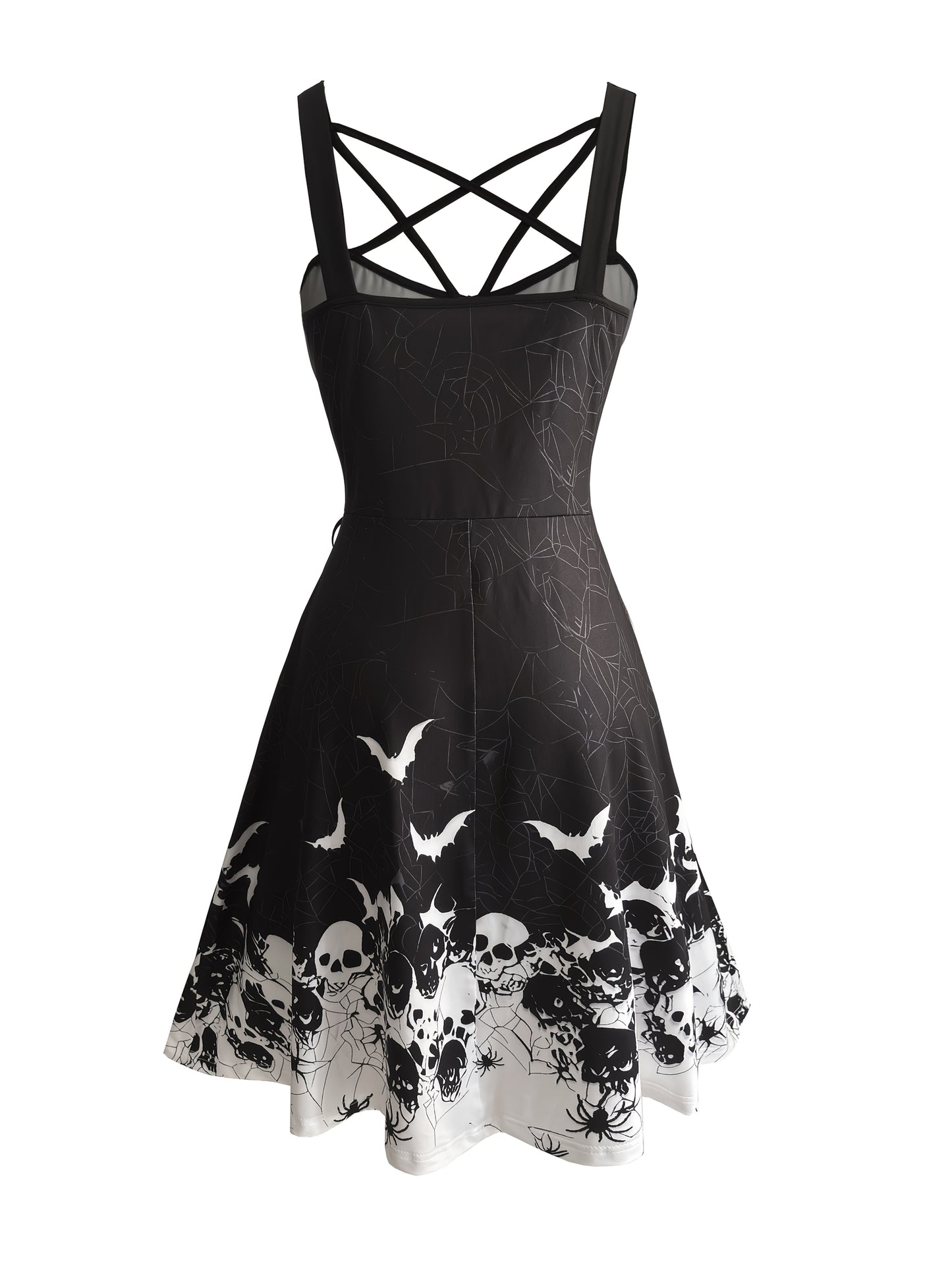 Women'S Gothic Halloween Party dress - Black Formal & Everyday Gothic outfit with Bat Silhouette Print, Flared Hem, Knee-Length Costume for Halloween, Gothic Events, Themed Parties - Fall Winter Clothing, Halloween Clothes, T