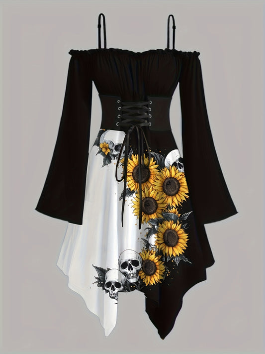Women's Gothic Victorian-Inspired Sunflower & Skull Print Maxi Dress - Lace-Up Front with Ruffled Off-Shoulder Spaghetti Strap, Asymmetrical Hem & Bell Sleeves, Machine Washable A-Line Silhouette for Halloween, Themed Parties
