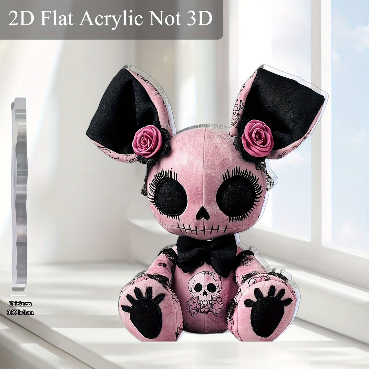 2D Flat, 2D Flat Gothic Style Mouse Plush Toy Acrylic Desk Decor - 2D Printed Skull and Rose Design, Black & Pink Gothic Decoration Sign Suitable for Halloween Christmas Bar Cafe, 5.91"x5.11" Gift for Friends, Mouse Ornament,