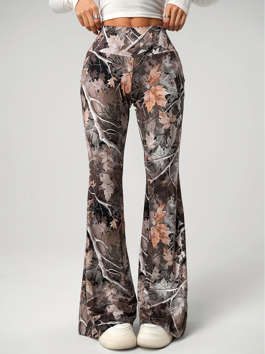 Women's High-Waisted Stretch Flared Pants - Y2K Camouflage Print with Autumn Leaves Design, All-Season Comfort & Machine Washable for Casual & Formal Outfits, Allseason Attire | Y2K Fashion | Chic Tailoring, Cute Pants