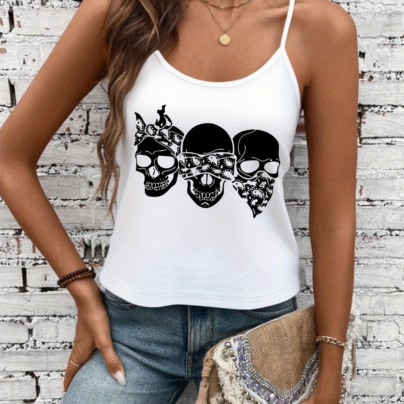Women'S Sexy Gothic Graphic Tank Top - Sleeveless Shirt with Skulls, Edgy Streetwear Outfit for Concerts, Parties & Casual Attire - All-Season Fashion Statement Piece, Party Attire, Trendy Fashion, Comfortable Fit, Casual Wea