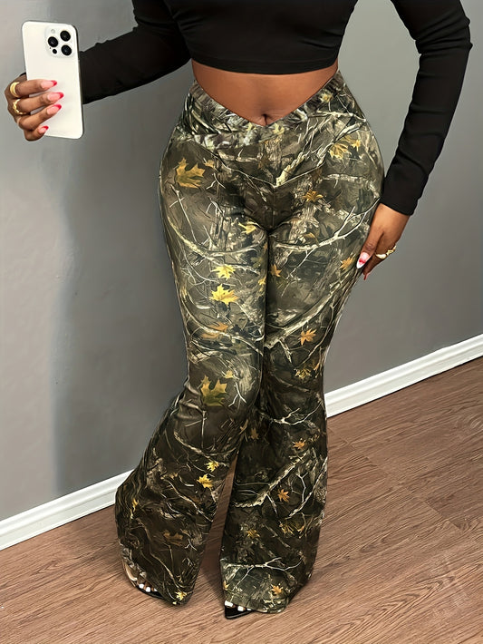 Women'S Plus Size Camouflage Print Skinny Pants, 100% Polyester Knit Fabric, Casual All-Over Print, Slight Stretch, 200g/m², All-Season Fashion