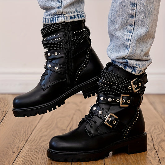 Women's Gothic Punk Motorcycle Boots - Lace-Up & Chain Zipper Closure, Thick Platform Sole with Metallic Studs, Chunky Mid-Heel, Faux Cover, All-Season Casual Ankle Boots (Black), Motorcycle Style Boots | Decorative Zipper Bo