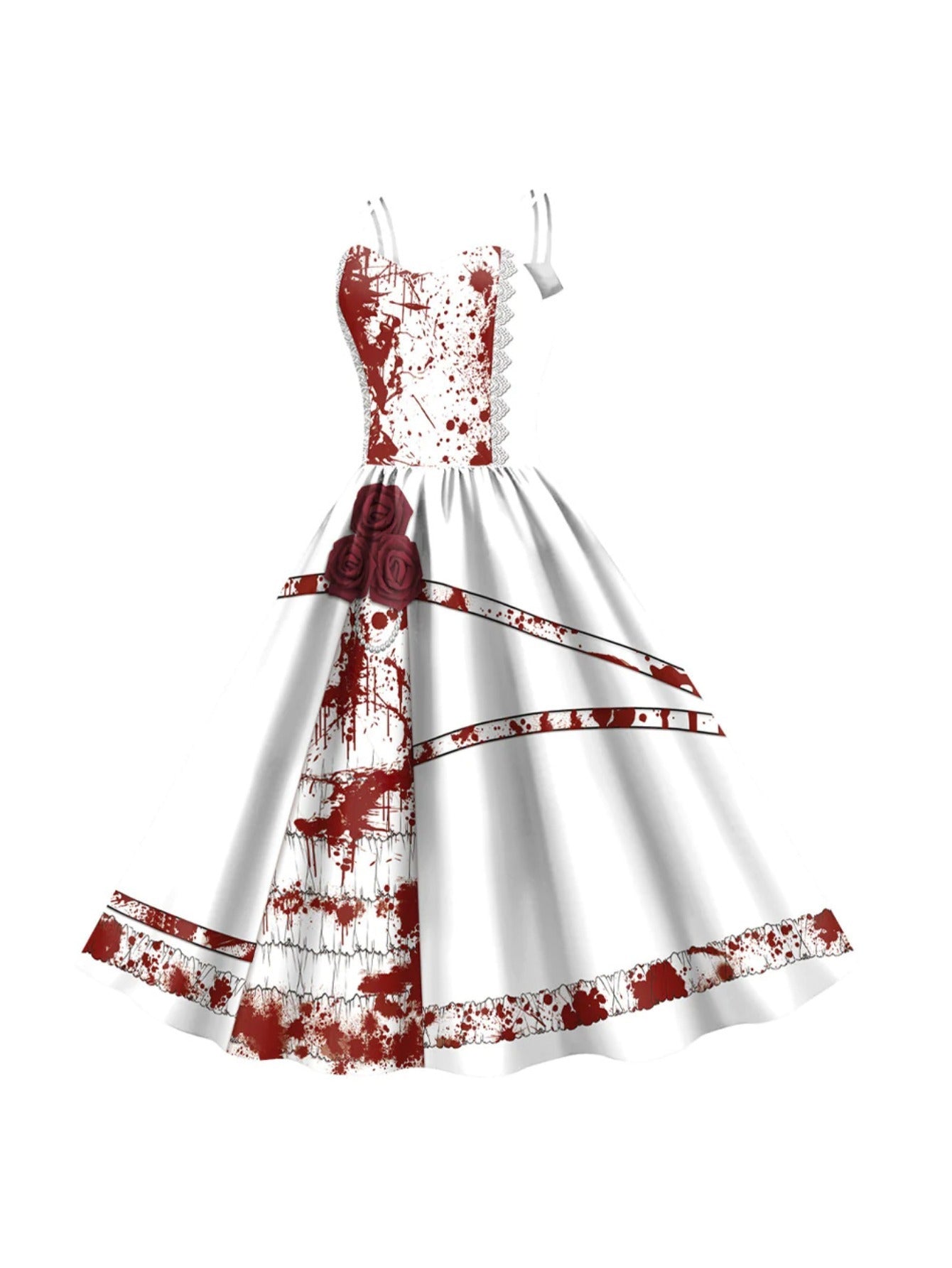 Women'S Gothic Victorian-Inspired Black & White Floral Print Suspender Dress Costume - Sleeveless A-Line Mid-Length with Ruffled Hem & V-Neck, Structured H-Line Silhouette for Halloween Carnival Party, Themed Events - Breatha