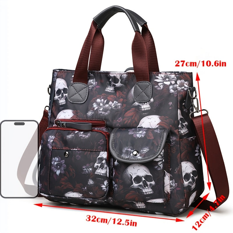 Perfect Lily Women's Punk Style Skull & Floral Print Crossbody Tote Bag - Red/Blue Nylon Multi-Pocket Handbag with Detachable Adjustable Shoulder Strap, Zipper Closure & Polyester Lining for Daily Commute, Work, Casual Outing