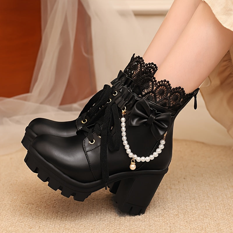 [Winter Chunky Heel Boots] Women's Winter Chunky Heel Gothic Lace-Up Ankle Boots | Japanese/Korean Fashion Faux Cover Round-Toe Short Boots with Thick Platform Sole, Zipper Closure & Heart Bow Buckle, Soft Fabric Lining - Cut