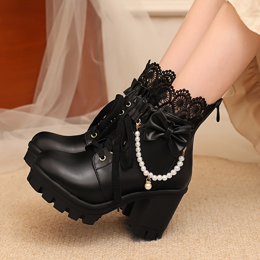 [Winter Chunky Heel Boots] Women's Winter Chunky Heel Gothic Lace-Up Ankle Boots | Japanese/Korean Fashion Faux Cover Round-Toe Short Boots with Thick Platform Sole, Zipper Closure & Heart Bow Buckle, Soft Fabric Lining - Cut
