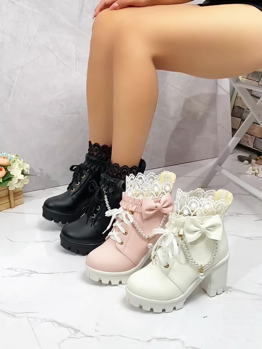[Winter Chunky Heel Boots] Women's Winter Chunky Heel Gothic Lace-Up Ankle Boots | Japanese/Korean Fashion Faux Cover Round-Toe Short Boots with Thick Platform Sole, Zipper Closure & Heart Bow Buckle, Soft Fabric Lining - Cut