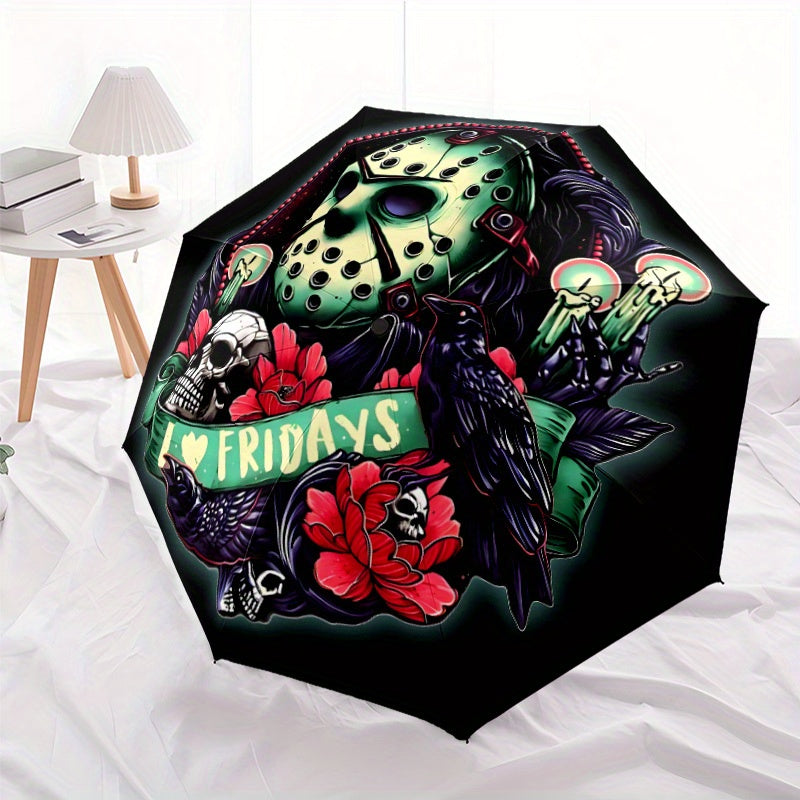Jason Voorhees Inspired Automatic Folding Umbrella - Horror Movie Design with Jason, Friday the 13th, Halloween - Compact Travel Umbrella, Durable 8-Rib Shaft, Automatic Open/Close, Perfect Gift for Horror Fans & Jason Voorhe