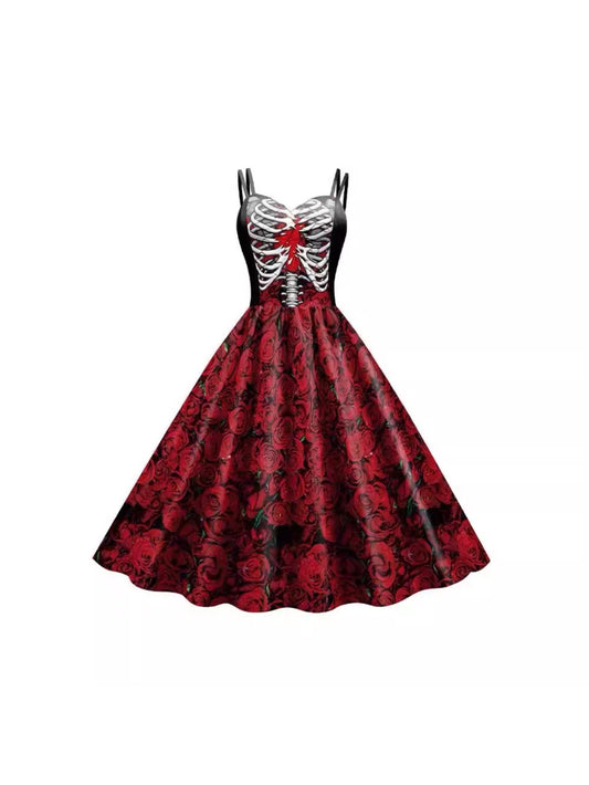 Women'S Gothic Victorian-Inspired Black & White Floral Print Suspender Dress Costume - Sleeveless A-Line Mid-Length with Ruffled Hem & V-Neck, Structured H-Line Silhouette for Halloween Carnival Party, Themed Events - Breatha