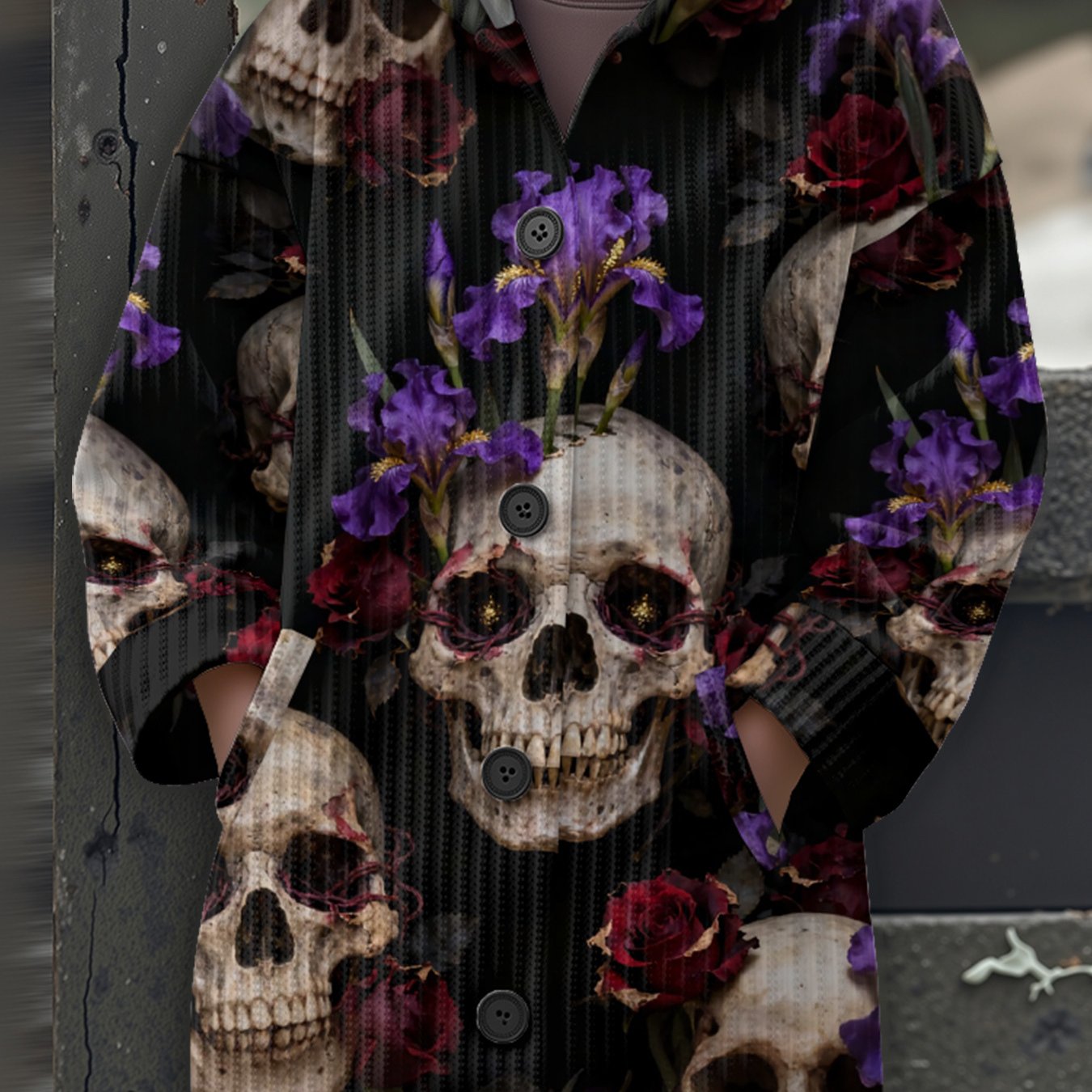 Women'S Gothic Victorian-Inspired Hooded Cardigan Sweater with Skull & Rose Pattern - Long Sleeve Loose Fit Button Front Closure, H-Line Silhouette, Split Hem - Cozy Fall Winter Outerwear for Halloween & Christmas, Casual to