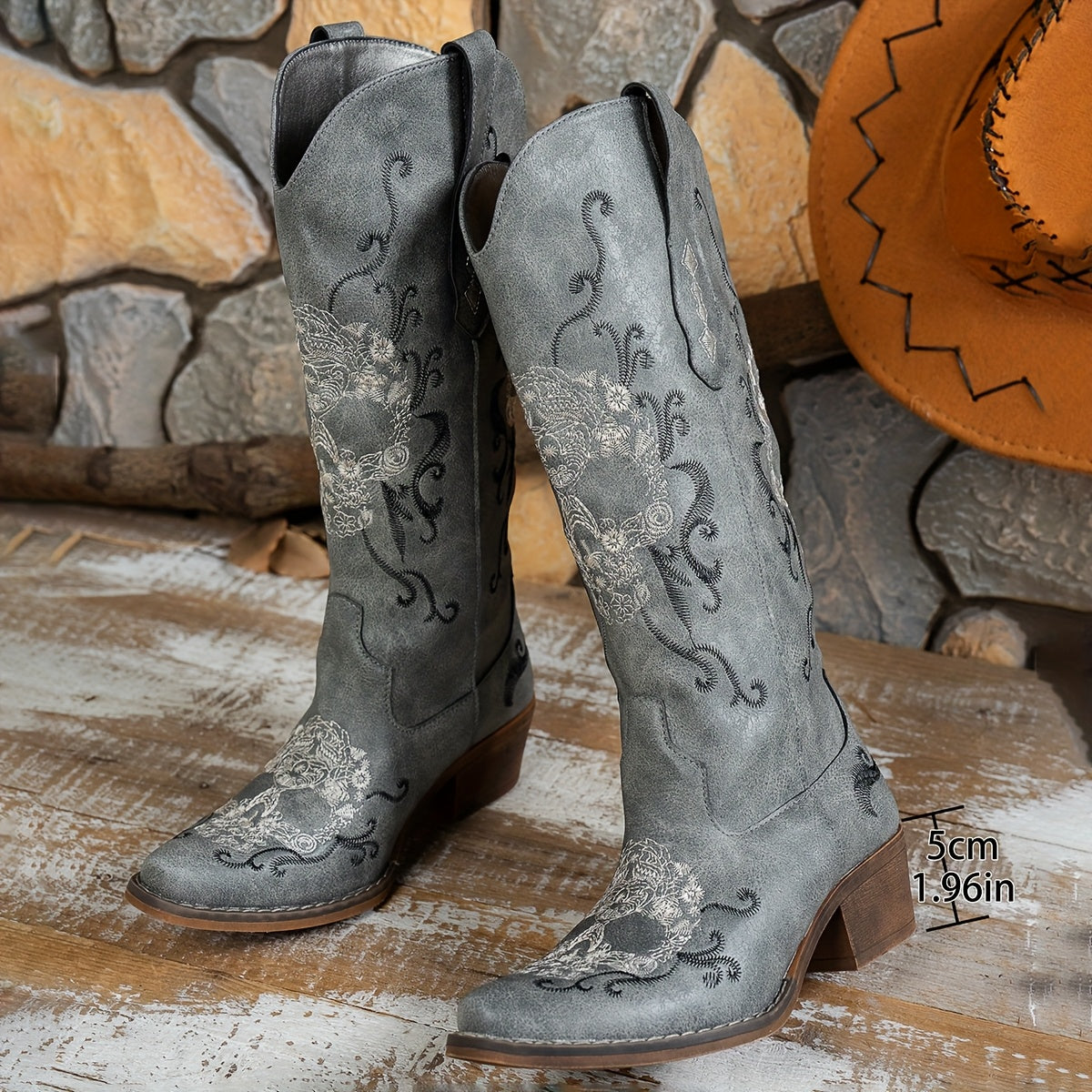 [Retro Cowboy Boots] Retro Embroidered Women's Western Cowboy Boots | Slip-On Square Toe Mid-Heel with Skull & Floral Geometric Design, Faux Cover Upper & TPR Sole for Casual All-Season Wear, Cowgirl Boots