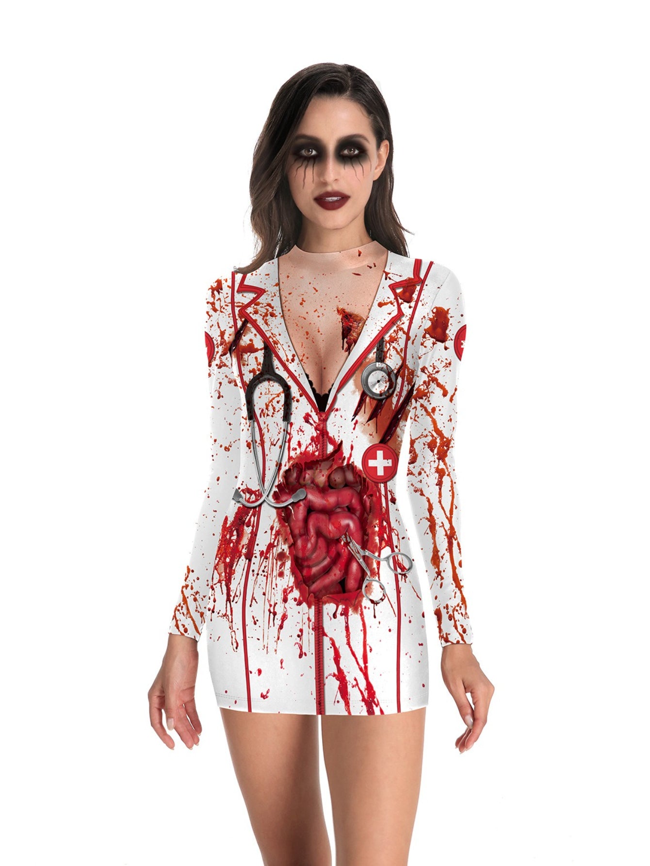 Women's Sexy Nurse Costume - Glow in The Dark Cross Uniform, Stretchy Bodycon Dress with White Cross & Red Print, Hand Washable Role Play Outfit for Halloween, Themed Parties & Cosplay (Adults)