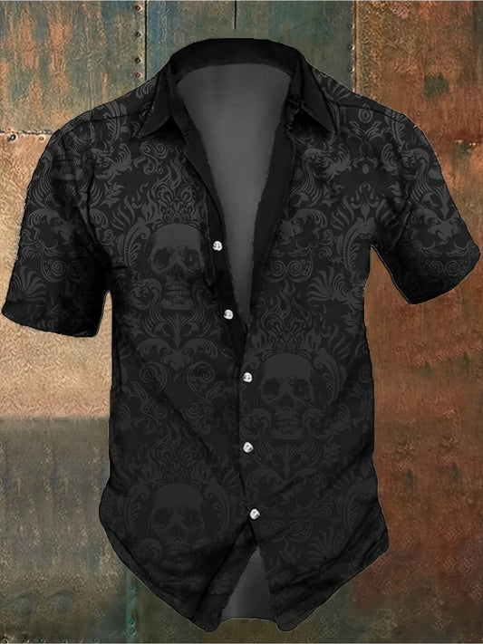 [Gothic Skull Floral Shirt] Men's Vintage Gothic Black Button-Up Shirt with Skull Floral Pattern | Regular Fit Formal & Casual Shirt for Halloween, Concerts, Easy-Care Button Front Design, Nontransparent Fabric
