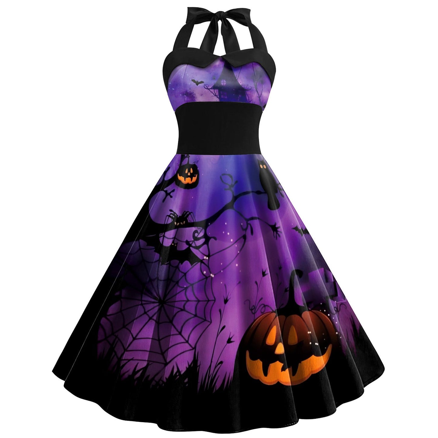 Women'S Retro Gothic Halloween Dress with Skull & Spider Web Print - Asymmetrical Short Sleeve High Waist Party Costume, & Orange Sleeveless Outfit with Shoulder Straps & Ruffled Hem for Themed Events, Year-Round Wear (Adult