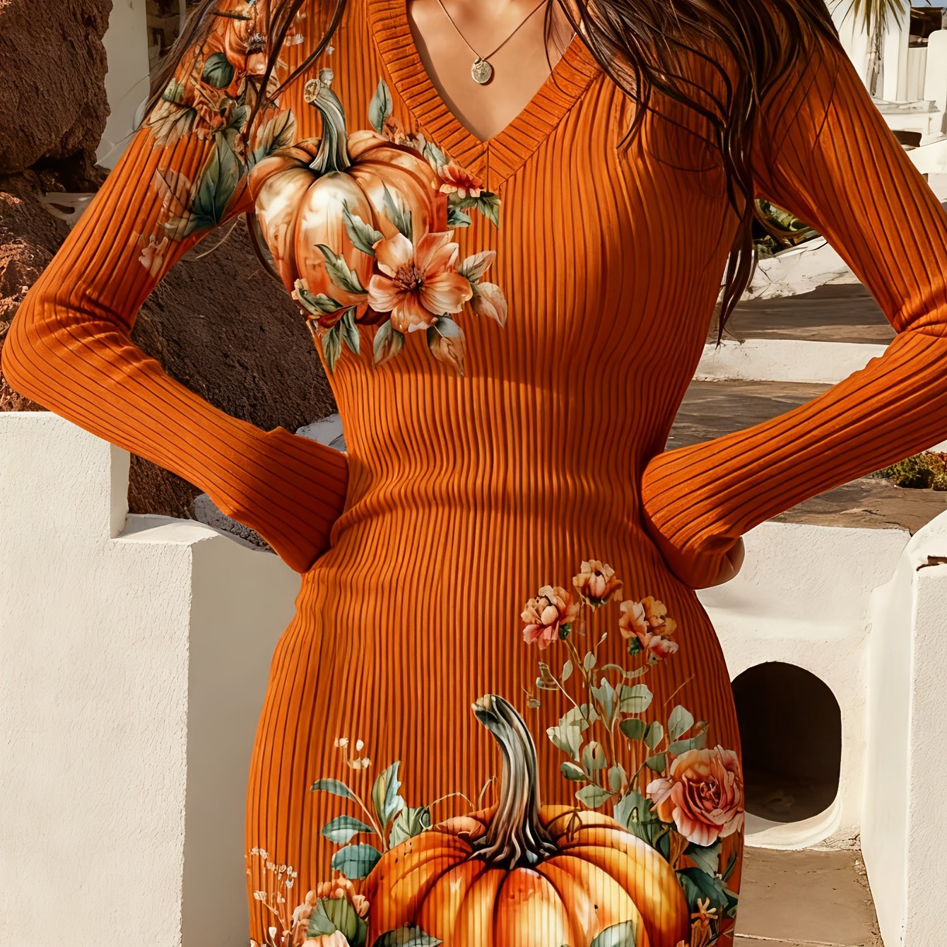 Women'S Sexy Slim-Fit V-Neck Sweater Dress - Long Sleeve Ribbed H-Line Silhouette with Pumpkin & Floral Print, Mid-Length Fall Winter Warmth, Tight Cuffs & Straight Hem - Cozy to Elegant Outfits for Halloween, Christmas Parti
