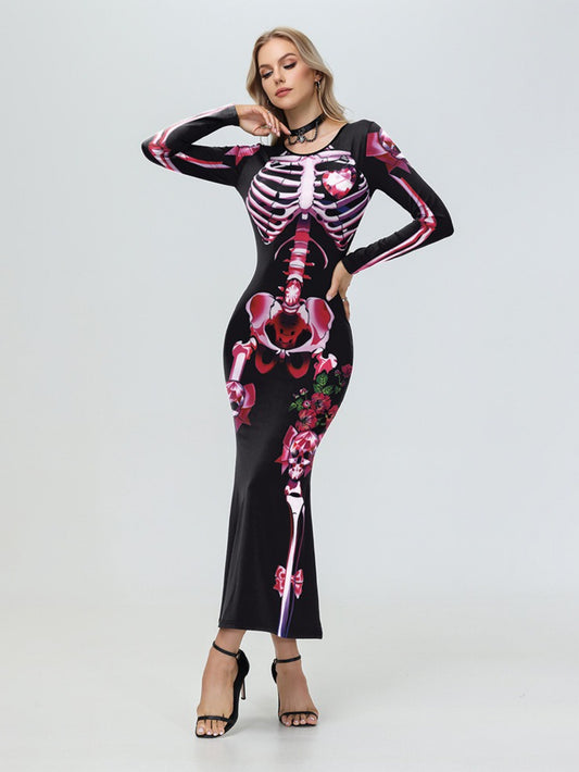 Women'S 2025 Halloween Skeleton Print Bodycon Dress - Sexy Gothic Long Sleeve Full-Body Skeleton & Rose Patterned Tight-Fit Elegant Dress with Round Neck, Spooky Theme Party Outfit for Costume Parties, Cosplay & Themed Events