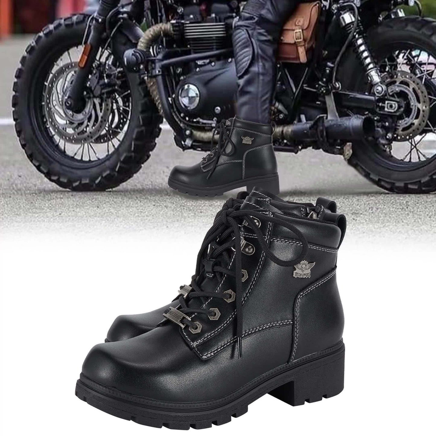 [Womens Low Heel Biker Boots] Black Faux Leather Womens Lace Up Motorcycle Riding Boots | Side Zipper, Ankle Booties, Biker Boots, Combat Boots For Ladies With Low Heel, Non-Slip, Square Toe, For All-Season Riding Shoes
