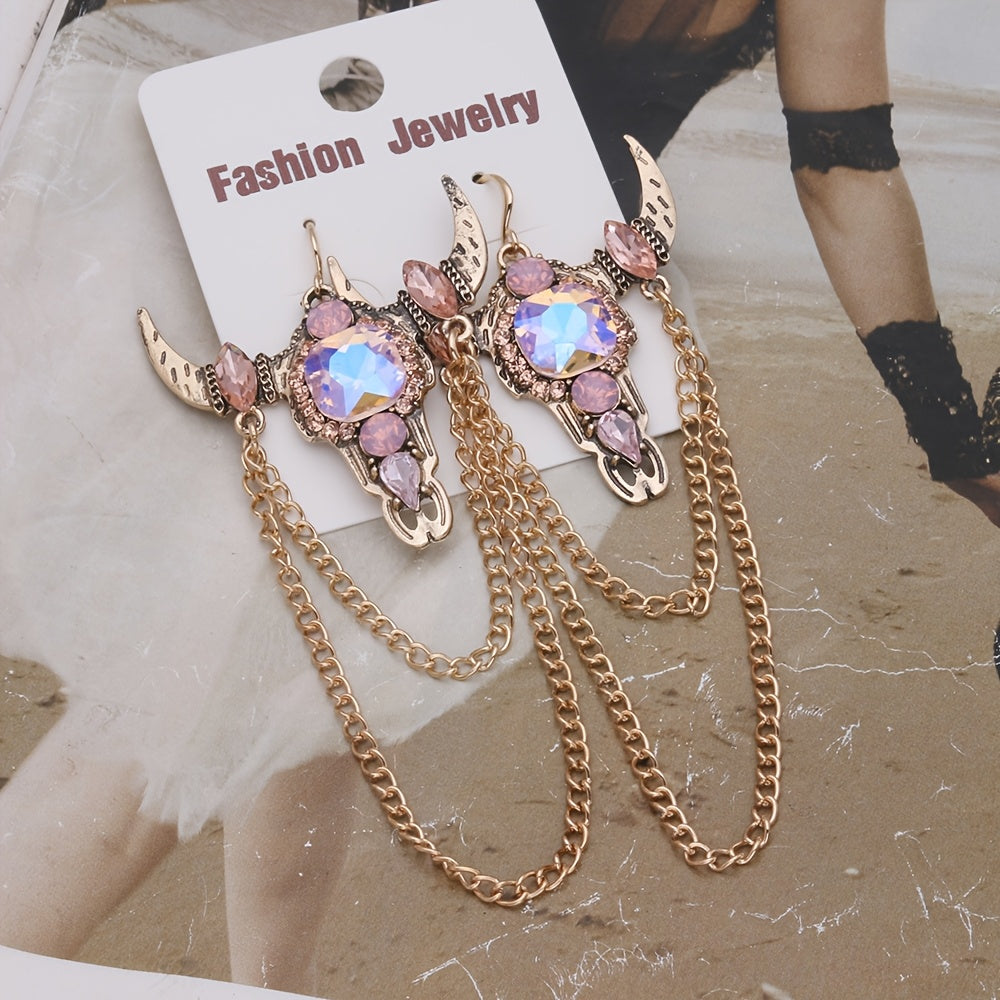 Gothic Western Vintage Tassel Rhinestone Bull Head Long Earrings for Women's Party Casual Fashion Jewelry