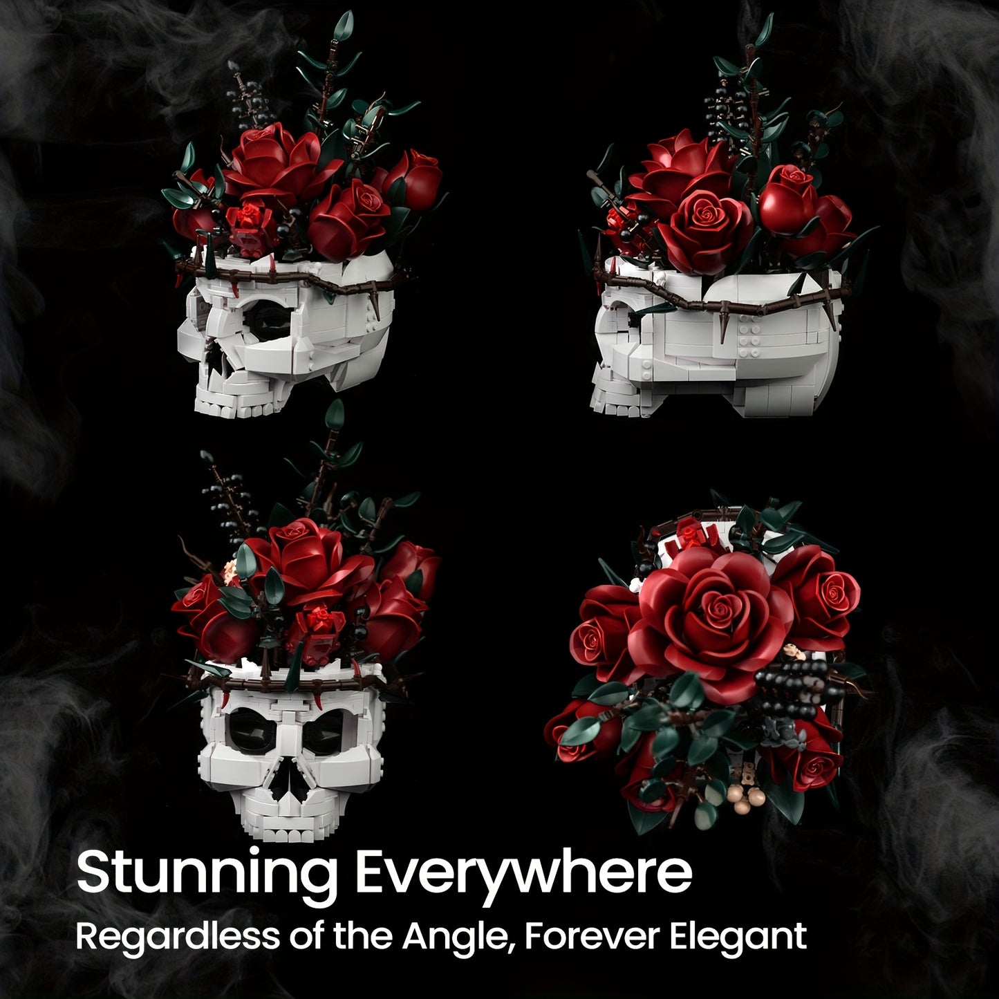1101pcs Gothic Building Blocks Set - Large-Scale Skull & Rose Flower Model with Intricate Dark Art Design, Interlocking Bricks for Adults, Challenging Assembly, Collectible Display, Gothic Home Decor, Halloween Party Decorati
