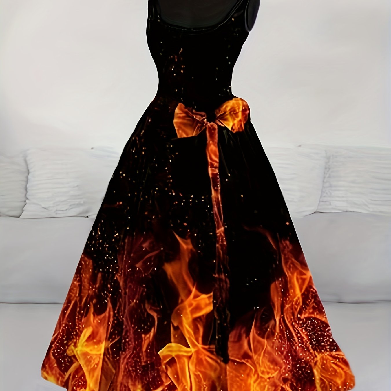 Women'S Halloween Party Dress - Flamingo-like Flame Print in Orange/Red/Black - Formal & Costume Events - Flared Skirt with Waist-Cinching - Retro Gothic Party Outfit for Halloween, Themed Parties - Easy-to-Wear Party Attire,