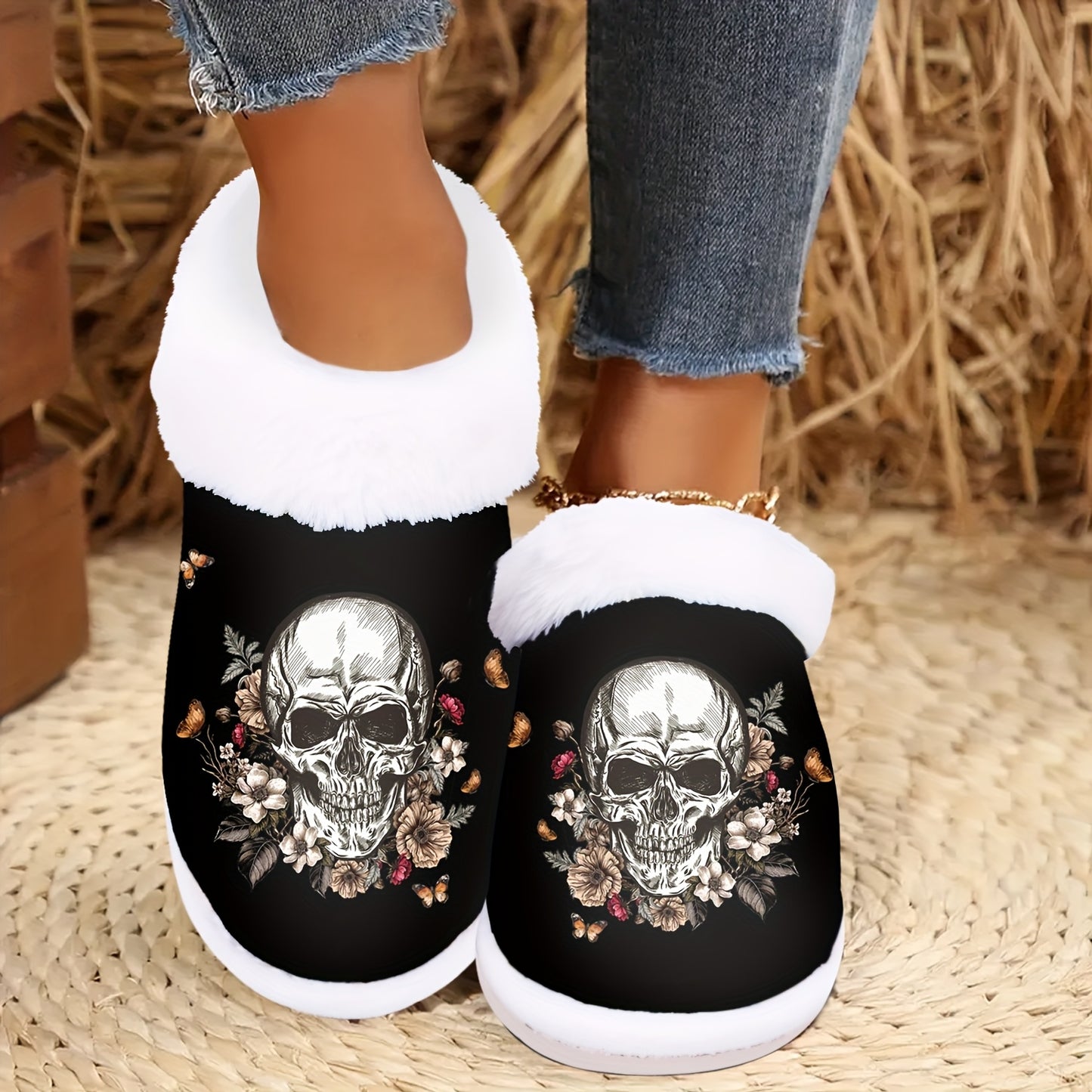 Women'S Gothic Halloween Slippers - Slip-On House Shoes with Non-Slip Rubber Sole, Soft Indoor/Outdoor Winter Footwear - Machine Washable & Skull Floral design for Halloween Party Decorations - Cozy Cold Weather Footwear Gift