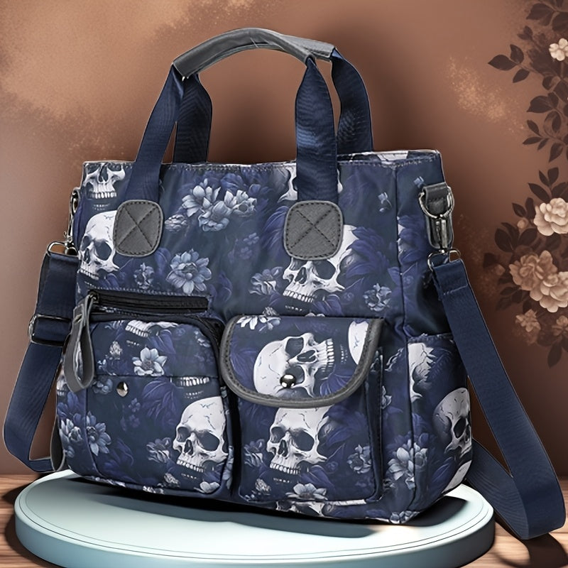 Perfect Lily Women's Punk Style Skull & Floral Print Crossbody Tote Bag - Red/Blue Nylon Multi-Pocket Handbag with Detachable Adjustable Shoulder Strap, Zipper Closure & Polyester Lining for Daily Commute, Work, Casual Outing