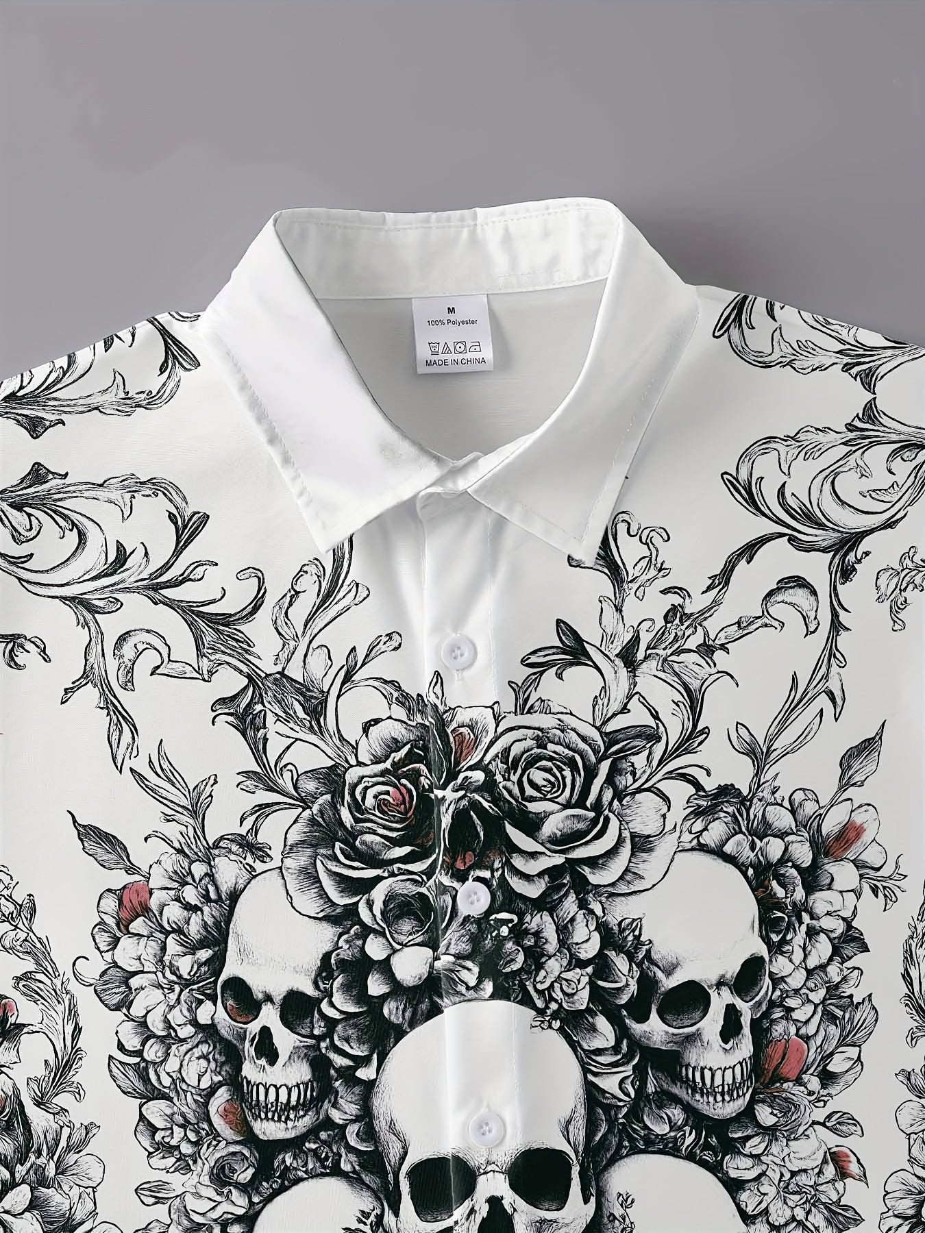 Men's Gothic Skull & Bat Wing Print Long Sleeve Shirt - Dark Blue & Black Gothic Style with White Collar & Button Front Closure, Machine Washable Durable Fabric for Halloween, Themed Parties & Casual Attire - Adult Men's Form