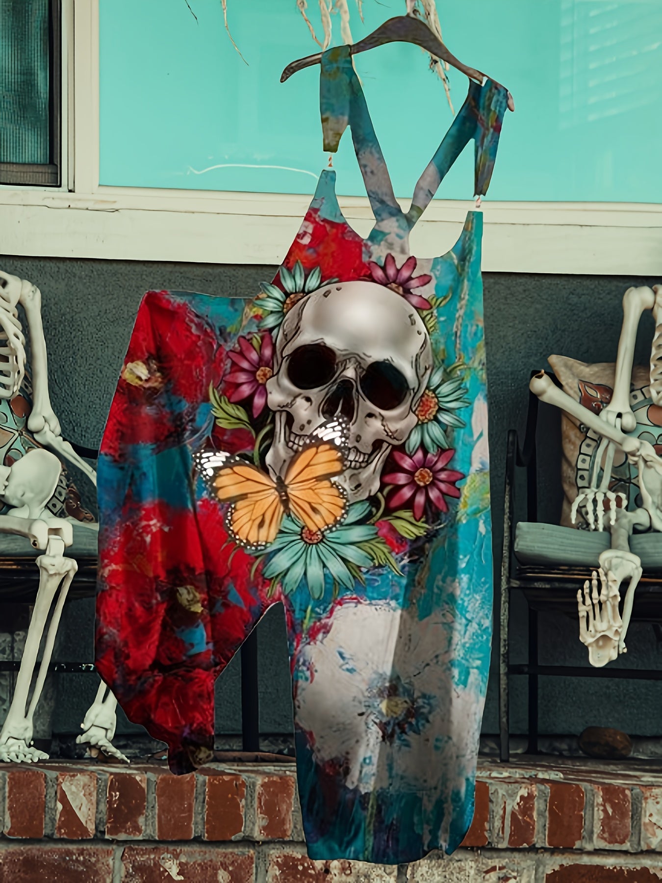 Women's Punk Skull & Floral Print Sleeveless Jumpsuit - Gothic Loose-Fit Overalls for Casual or Party Wear, Vibrant Red & Blue Design with Butterfly Accents