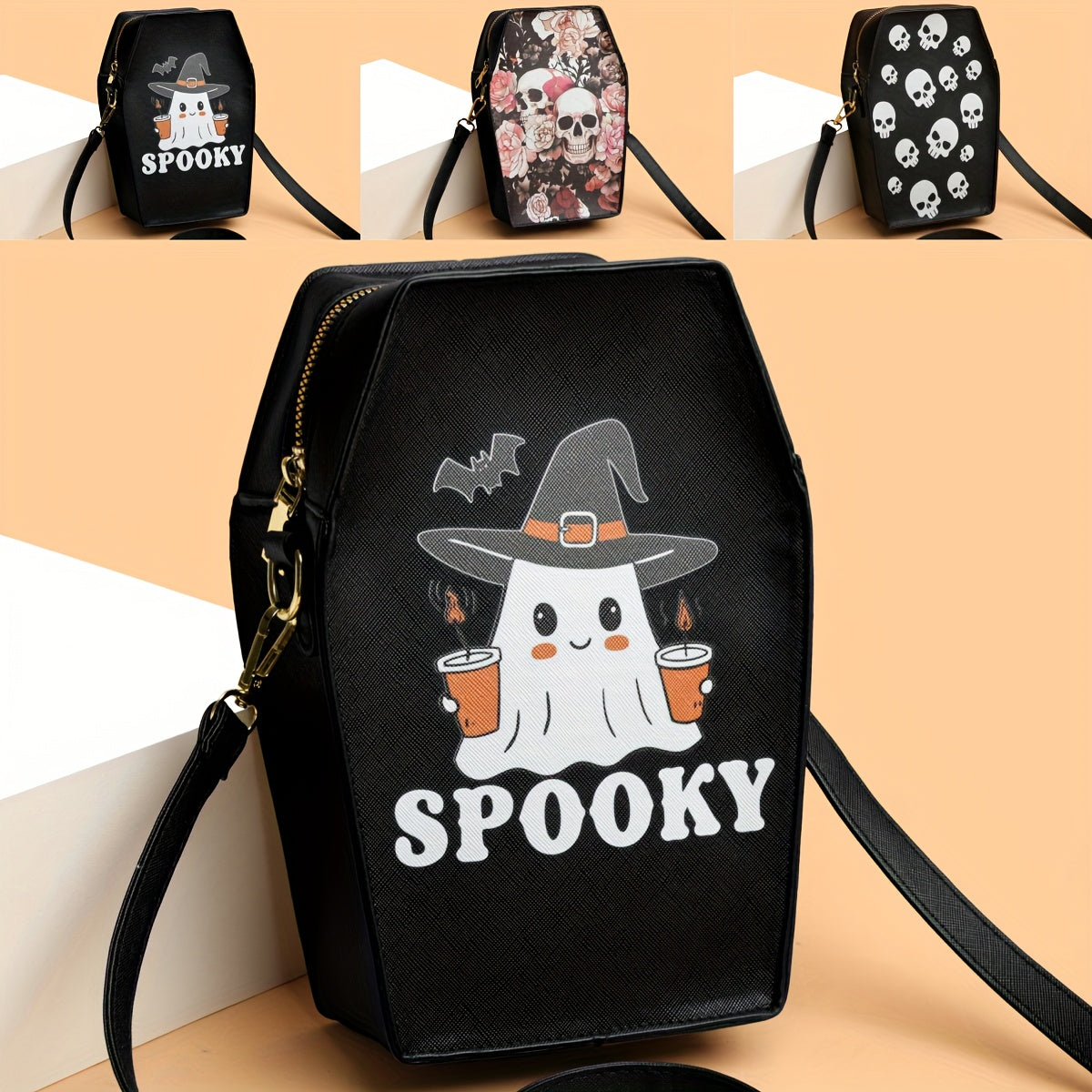 MINI Halloween Skeleton Coffin Women's Crossbody Bag, Thriller Horror Square Purse Black Punk Style Shoulder Handbag for Spooky Party Evening Event Cell Phone Pouch Lipstick Makeup Cosmetic Daily Street Shopping Movie Fan Gif