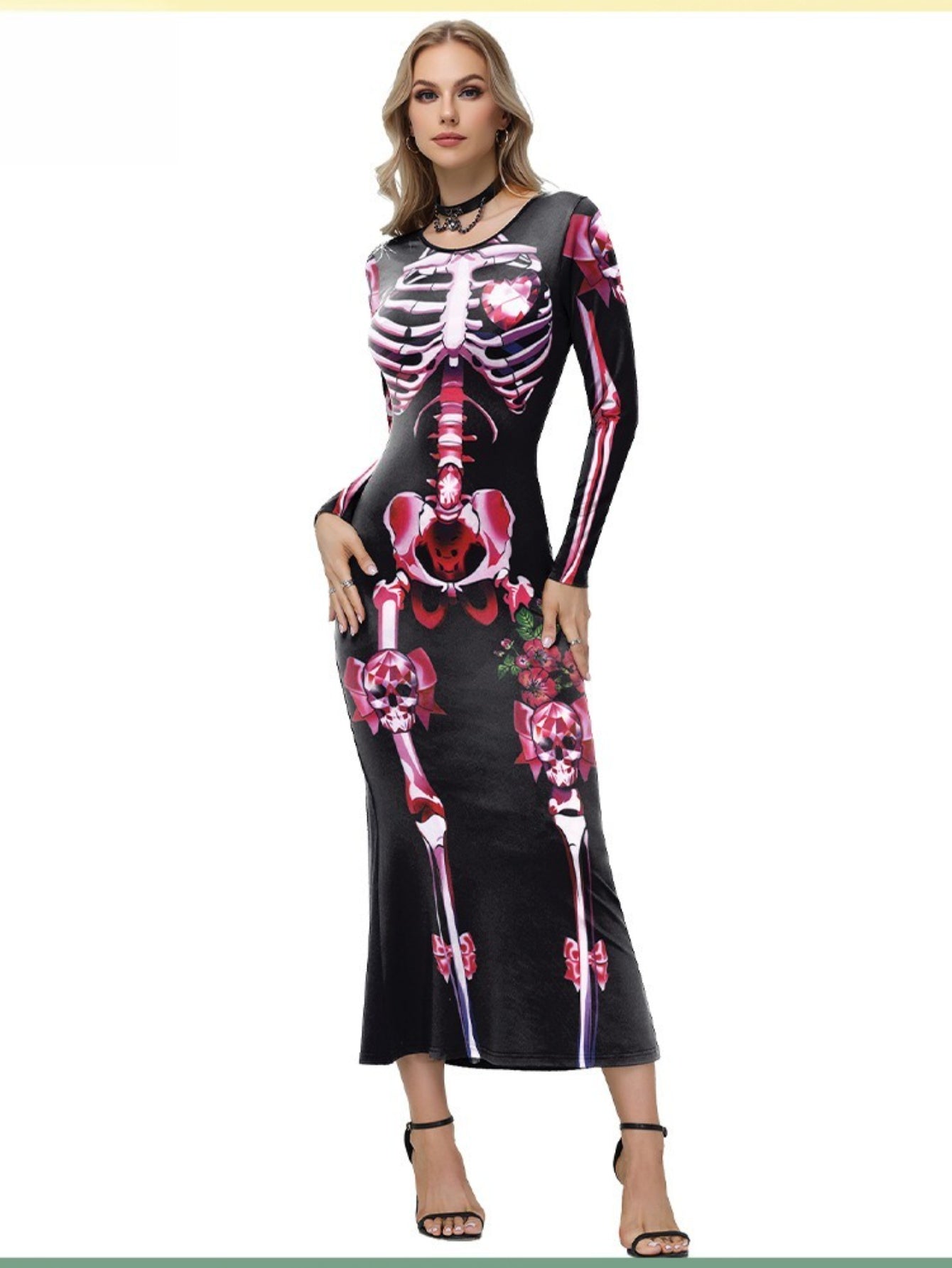 Women'S 2025 Halloween Skeleton Print Bodycon Dress - Sexy Gothic Long Sleeve Full-Body Skeleton & Rose Patterned Tight-Fit Elegant Dress with Round Neck, Spooky Theme Party Outfit for Costume Parties, Cosplay & Themed Events
